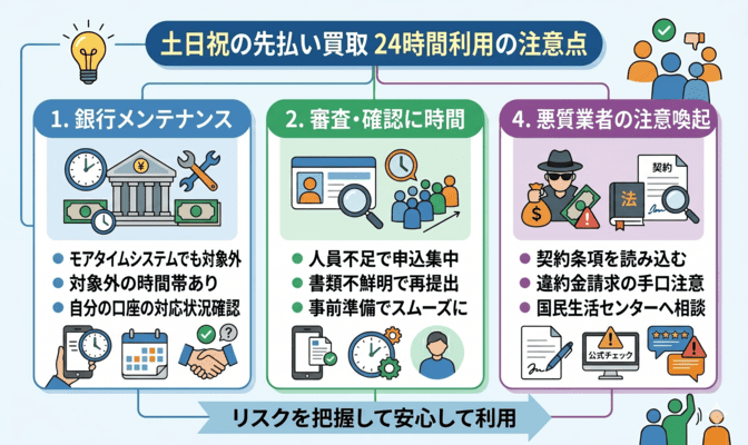 土日祝の先払い買取24時間利用で押さえるべき注意点