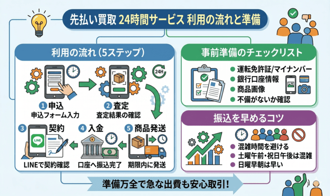 先払い買取の24時間サービスを使う流れと事前準備