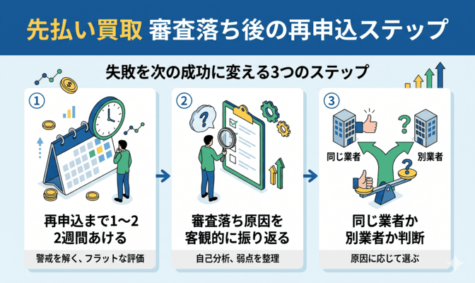 先払い買取で審査落ちした後の再申込ステップ