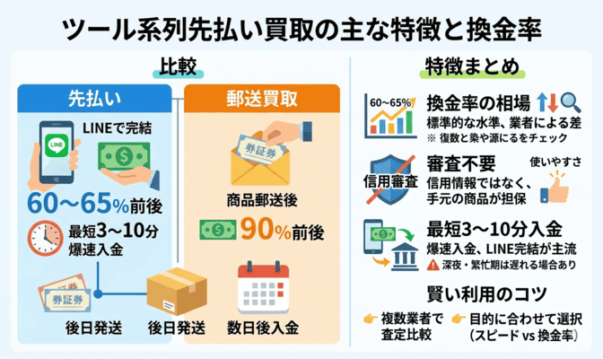 ツール系列の先払い買取が持つ主な特徴と換金率